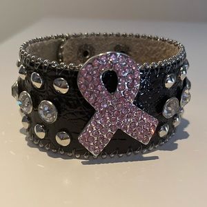 Breast cancer awareness Leather cuff bracelet w rhinestone ribbon